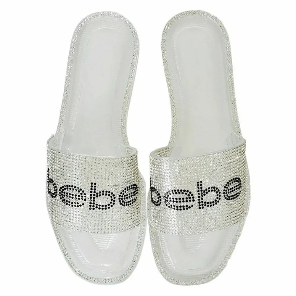 Bebe Silver Rhinestones Clear slides Sandals S 8